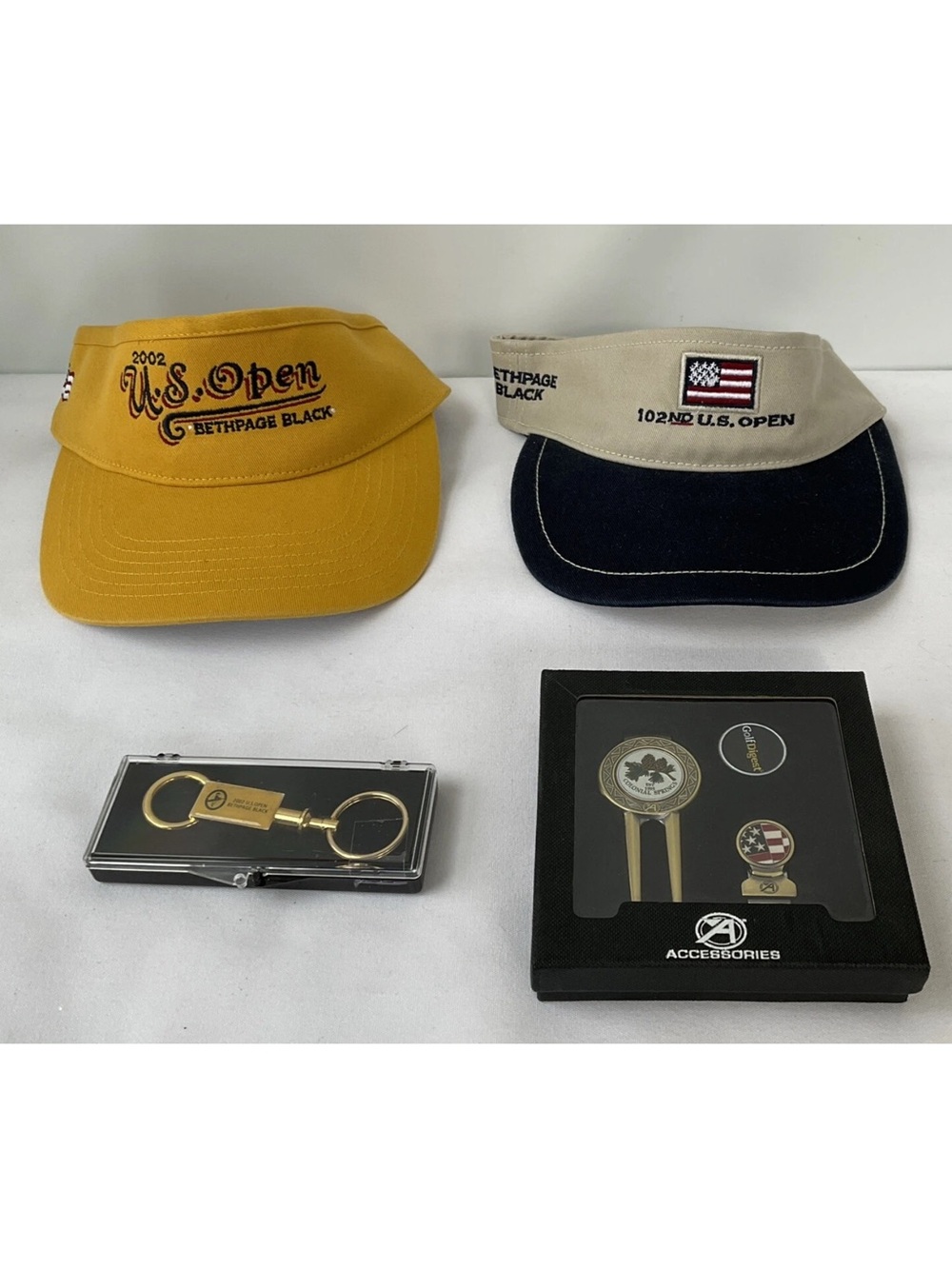 2002 US OPEN GOLF KEYCHAIN/VISORS/1995 COLONIAL SPRINGS DIVOT TOOL BALL / MARKER